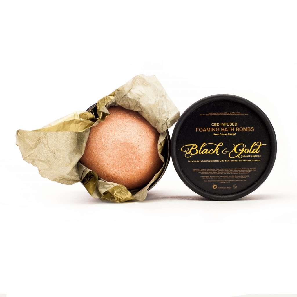CBD Bath Bomb: CBD Bath Bombs - Sweet Orange - Black & Gold Natural Indulgence CBD Cosmetics